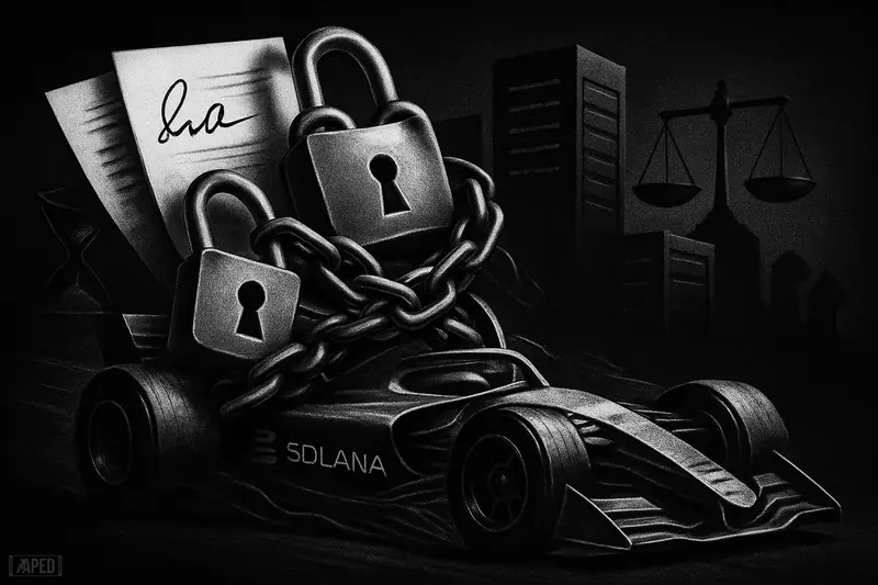 A futuristic Solana-like machine struggles under giant quantum locks and chained documents, symbolizing security gains causing a severe network slowdown.