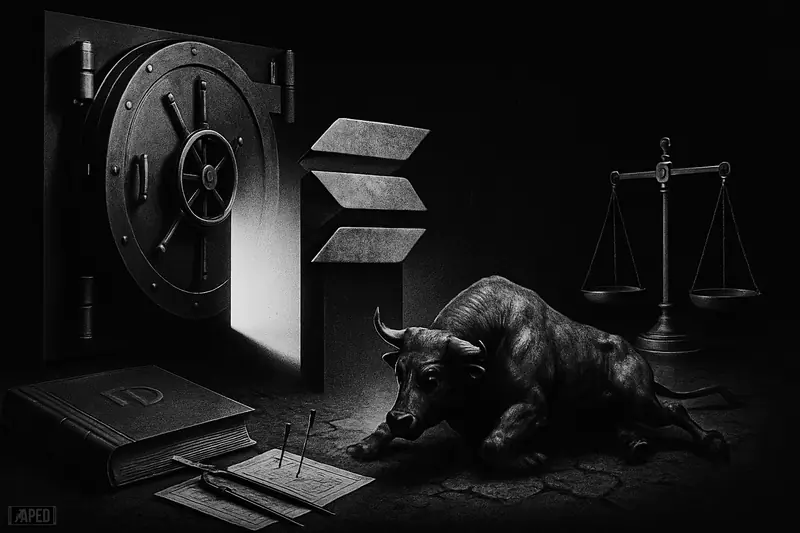 A vault opens onto a rising Solana-like monolith as an injured bull struggles upward amid analytical tools in a dark grayscale scene.