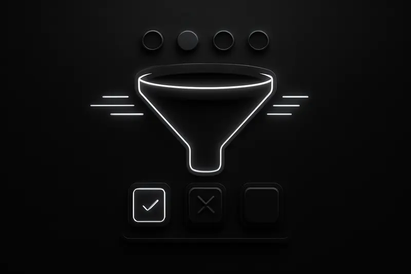 Glowing geometric network nodes flow into a luminous funnel, separating bright stable nodes from dim glitching ones on a dark background.