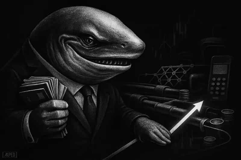 A suited, exaggerated whale hoards blank payment cards while pushing an upward price line above dark blockchain payment rails on a black data grid.