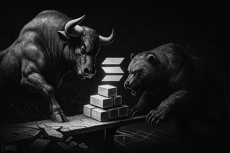 A tense grayscale bull and bear confront each other over a fragile digital structure perched on a narrow support ledge.