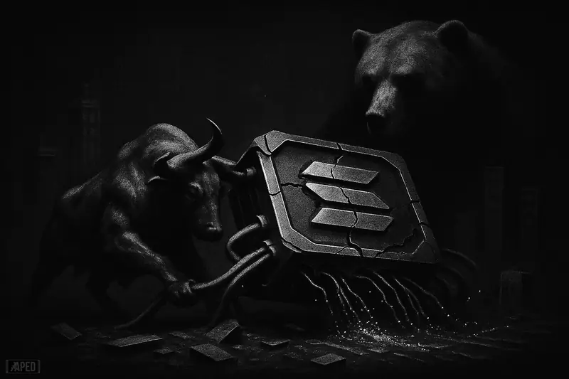 A failing blockchain machine sags as a bull struggles against a looming bear in a dark grayscale data-grid scene.