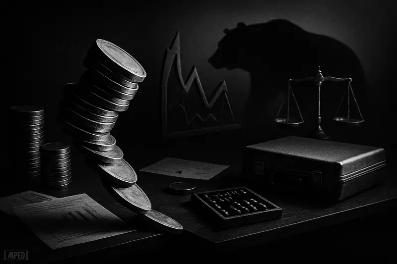 A teetering corporate treasury desk over an abyss, with unstable token stacks, falling assets, and a looming bear in stark grayscale.