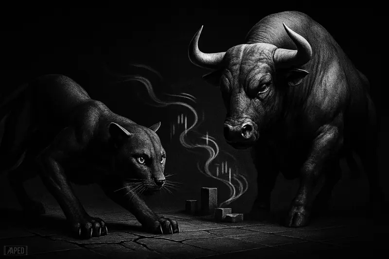 A grayscale panther and armored bull confront each other on a cracked trading floor, symbolizing Solana weakness against Ethereum strength.