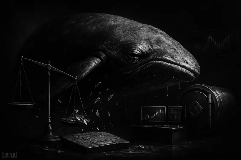 A giant distressed whale crashes toward dark exchange machinery as shattered market symbols and loss imagery fill a black data-grid backdrop.