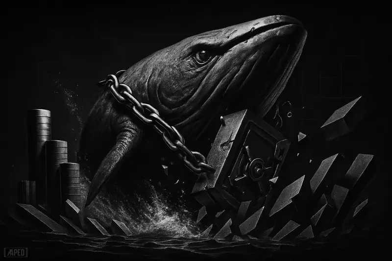 A giant whale bursts through a dark surface with broken chains and collapsing structures, symbolizing a massive unstaking event and market pressure.
