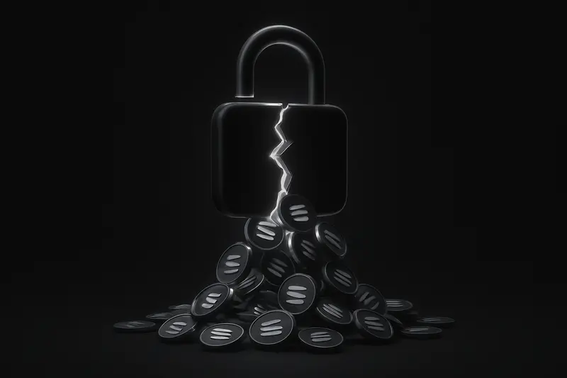 On a black background, a cracked neon lock opens as glowing coins spill out into a dark, swirling vortex.