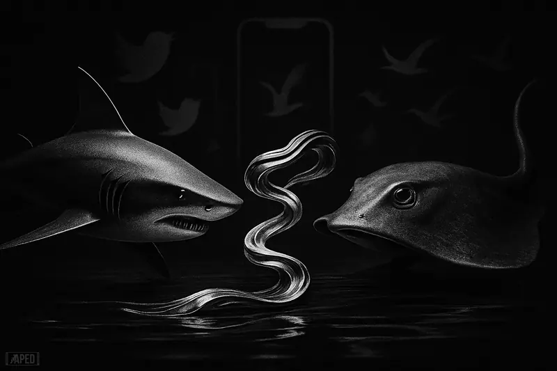 A grayscale shark and stingray face each other as a metallic ribbon bridge forms between them over a dark digital grid.