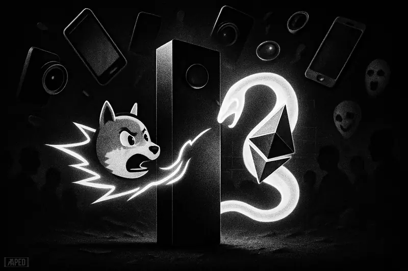 A dark crypto scene shows two intertwined symbolic creatures amid phones and shadows, suggesting viral speculation without any real partnership reveal.