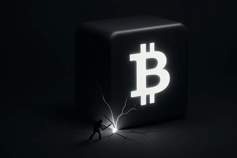 A small metallic pickaxe cracks a massive glowing golden cube, with tiny sparks and faint circuit lines on a black background.