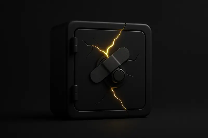 A cracked matte-black vault leaking warm golden light, wrapped with a metallic band across the fracture on a dark background.
