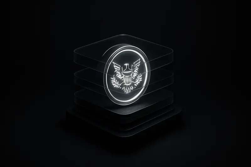 Dark cover showing a luminous silver coin suspended in a transparent glass cube, with layered golden bond-like sheets beneath.