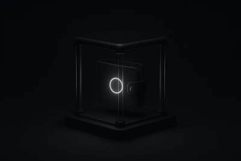 A neon-blue crypto wallet trapped in a transparent glass cube with red warning grid lines on a dark background.