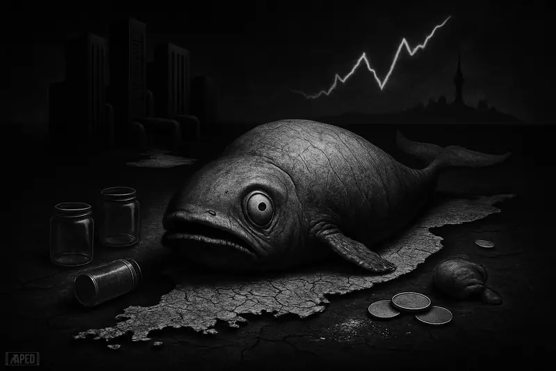 A dehydrated whale lies on cracked ground shaped like South Korea, surrounded by empty reserve containers and dark exchange servers under a data-grid sky.