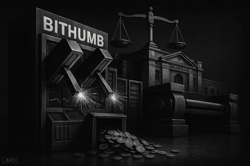 A frozen crypto exchange machine spills coins as giant breakers slam down before a dark central bank fortress in grayscale.