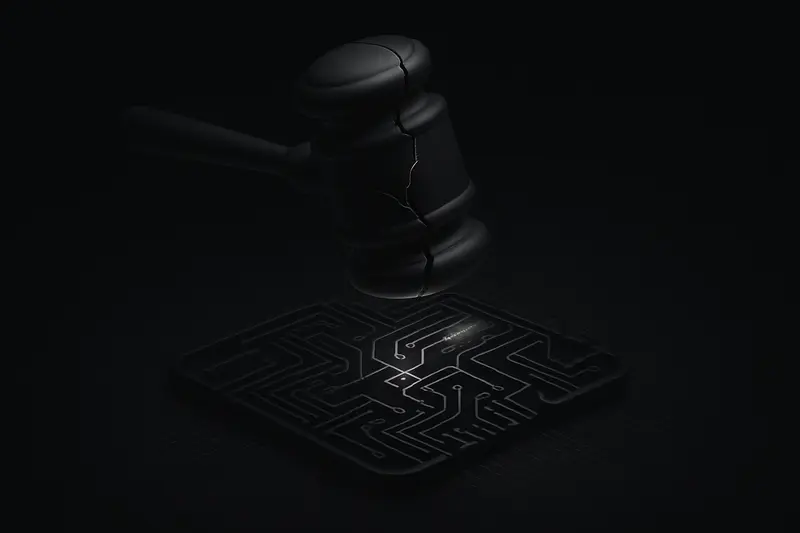 A cracked metallic gavel floats over a neon circuit-board labyrinth with glitchy red scan lines on a black background.