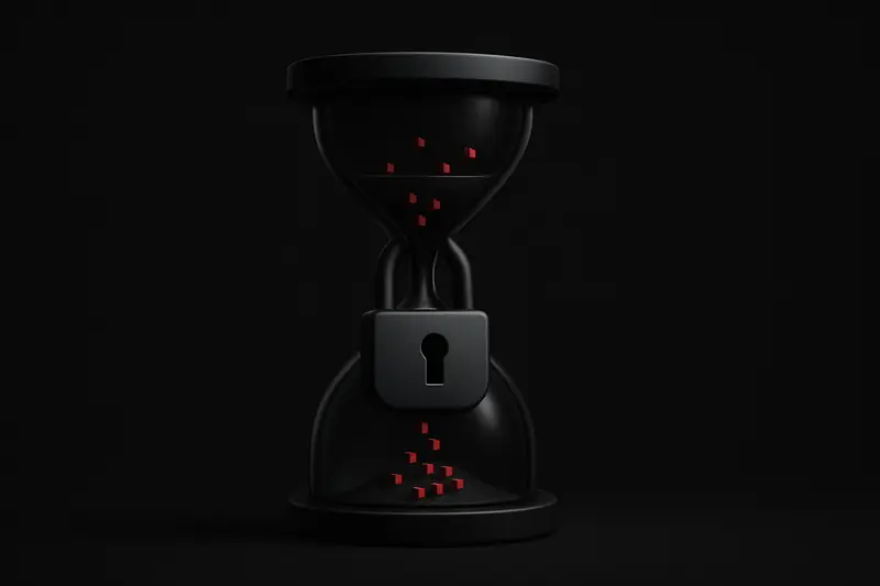 On a black background, a padlocked glass hourglass leaks glowing red blocks of light like sand, casting sharp reflections.