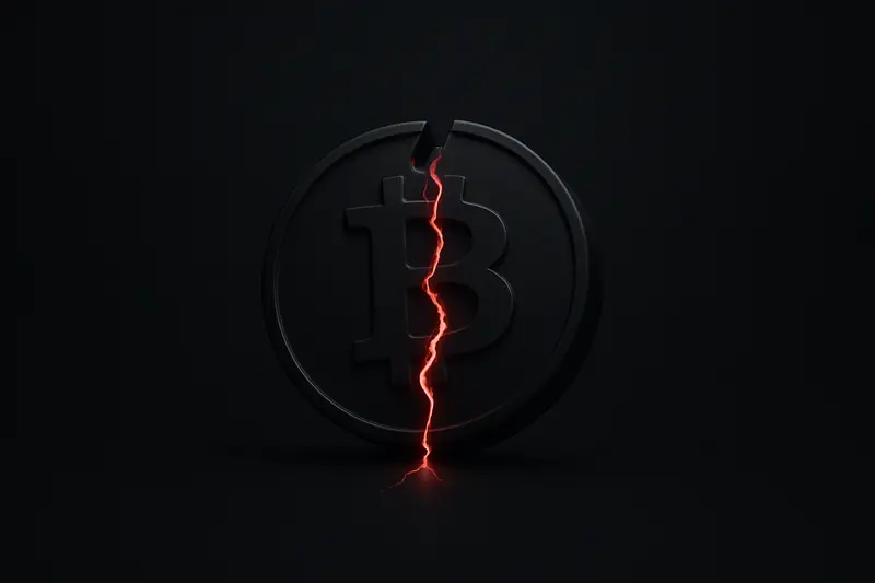 A shattered gold coin on a black background, split by a glowing red fissure with scattered metallic fragments.