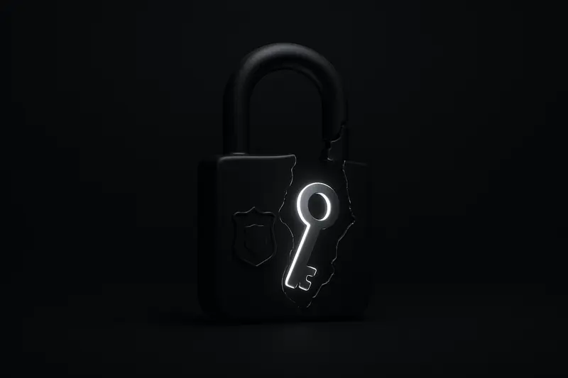 A cracked matte-black padlock surrounds a glowing key-shaped shard, with faint digital particles leaking into a dark void.