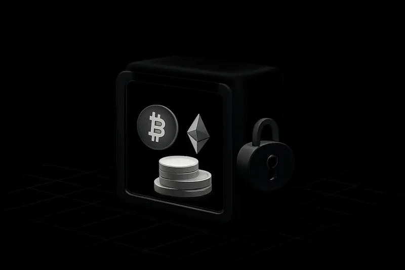 A transparent dark vault with a heavy padlock holding glowing coins above faint gridlines on a black background.