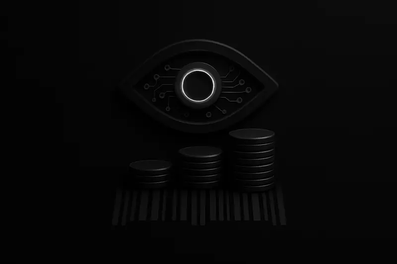 On a black background, a neon circuit-like eye projects a scanning beam over stacked coins that dissolve into barcode-like data blocks.