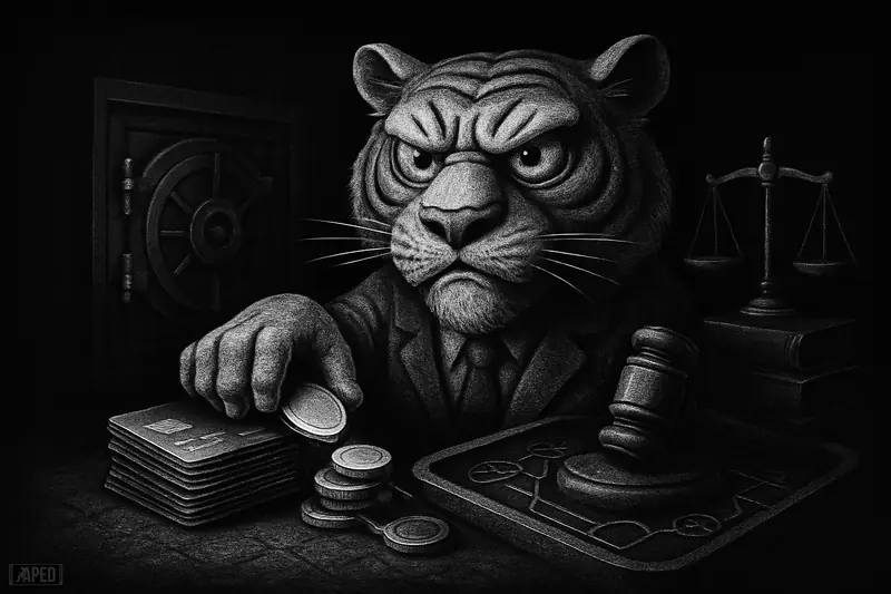 A stern tiger guardian oversees tokenized government payments flowing into a secure treasury vault amid regulatory symbols in a dark grayscale scene.