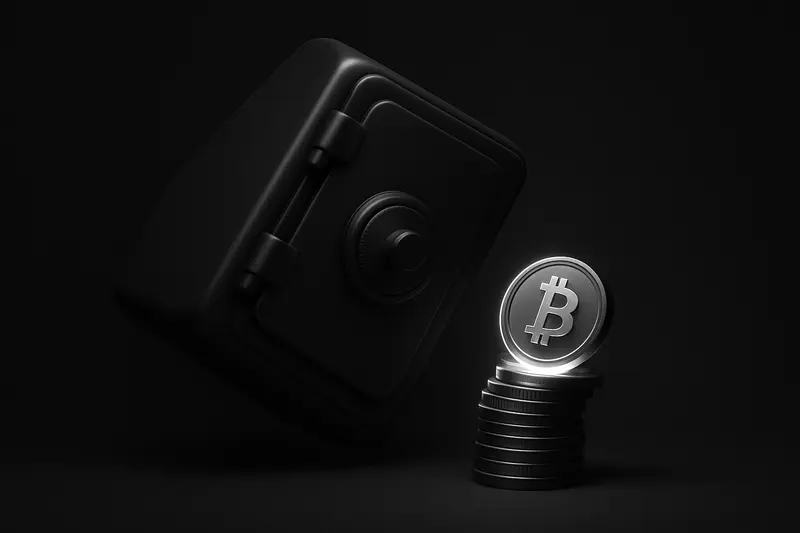 A dark metallic vault weight tilts on a seesaw above glowing coin-like discs, casting sharp shadows on a black background.