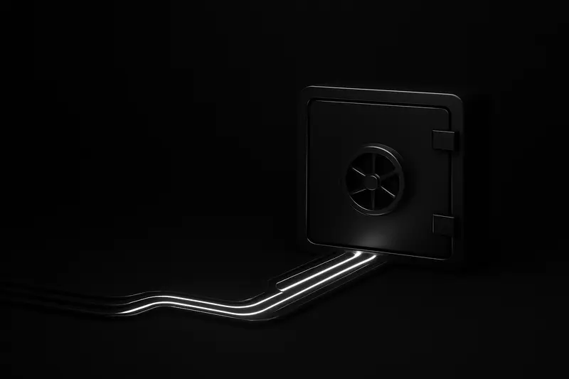 A dark vault-like cube with etched ledger lines, fed by glowing circuit rails and floating geometric security tokens on black.