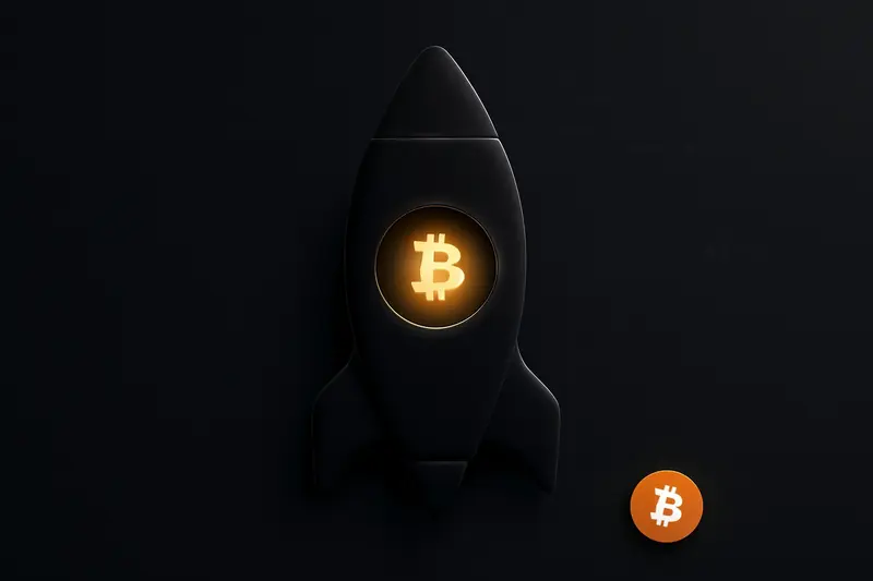 Matte-black rocket outline on a dark starfield, centered around a glowing orange coin-like core with faint circuit lines.