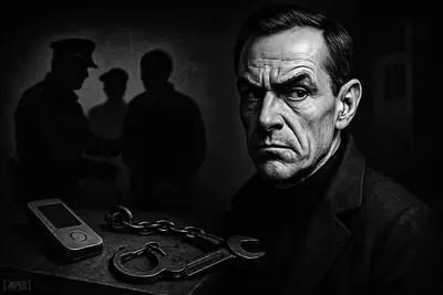David Balland stands tense in a dark scene as investigators close in behind him near a shadowy suspect and ominous security symbols.