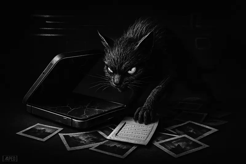 A black-and-white smartphone spills photos as a sinister cat-like digital creature searches them for hidden crypto wallet secrets.