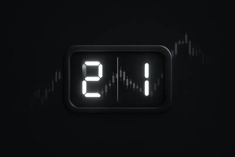 A dark stadium scoreboard glowing neon, its panels morphing into green and red candlestick charts over a black background.