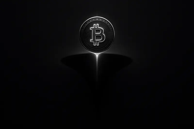 Glowing golden coin hovering over a dark funnel, with luminous particles draining downward against a black background.