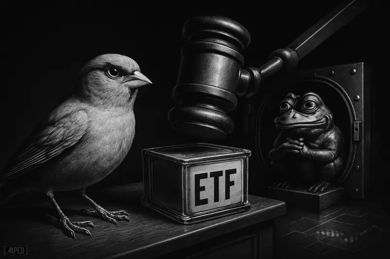 A tense canary, regulatory gavel machine, and frog statue share a dark financial scene suggesting a memecoin ETF filing.