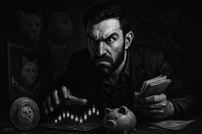 Murad Mahmudov leans over a trading desk in a tense grayscale scene, surrounded by ominous meme-coin symbols and volatile market imagery.