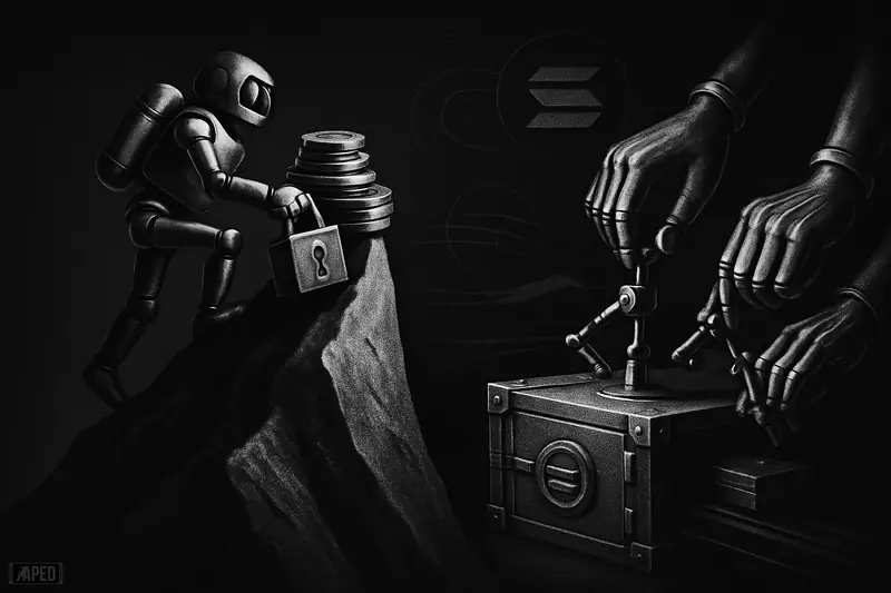 A grayscale robotic climber scales a dark peak with a lockbox as multisig hands and treasury machinery surround it.