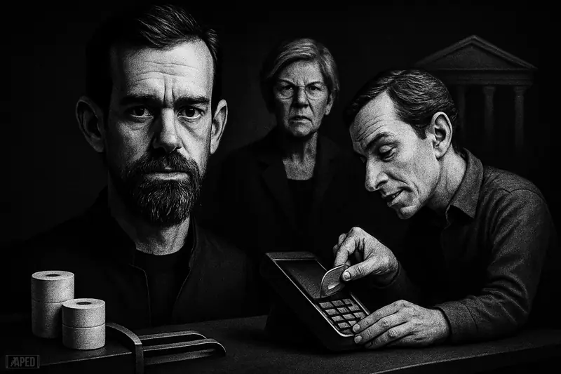 Jack Dorsey and Miles Suter at a merchant checkout while Elizabeth Warren watches sternly in a dark grayscale financial-tech scene.