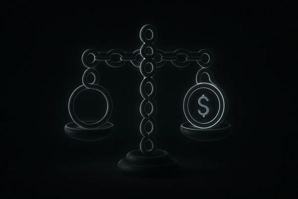Two luminous coin-like rings connected as a balance scale, hovering over dark circuitry with soft blue and green glow.