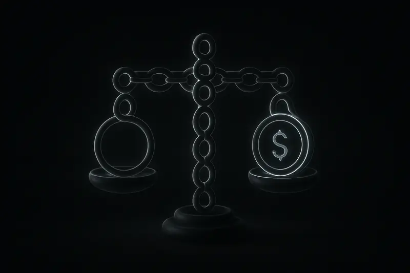 Two luminous coin-like rings connected as a balance scale, hovering over dark circuitry with soft blue and green glow.