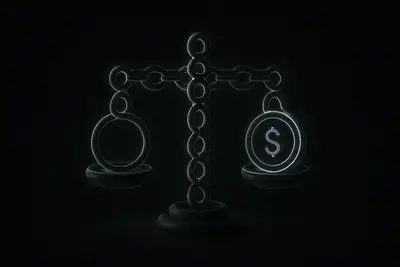 Two luminous coin-like rings connected as a balance scale, hovering over dark circuitry with soft blue and green glow.