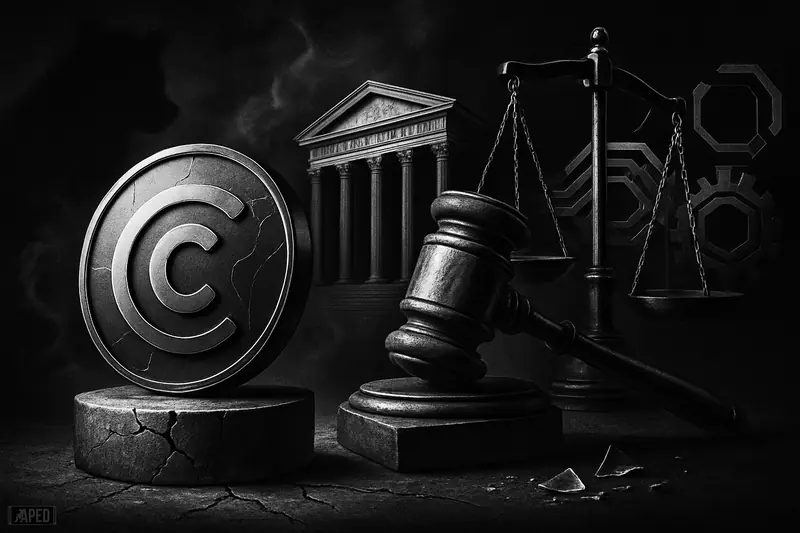 A fractured stablecoin-like disc beside a gavel and scales, with dark institutional buildings and blockchain rails in a tense grayscale scene.