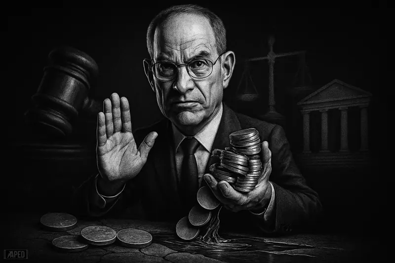 Michael Barr in a stern photorealistic caricature warns over unstable payment tokens amid shadowy regulatory symbols and a dark financial backdrop.