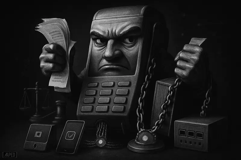 A grim merchant terminal caricature holds receipts and a chained ledger as wallets, rails, and API modules plug in under regulatory symbols.