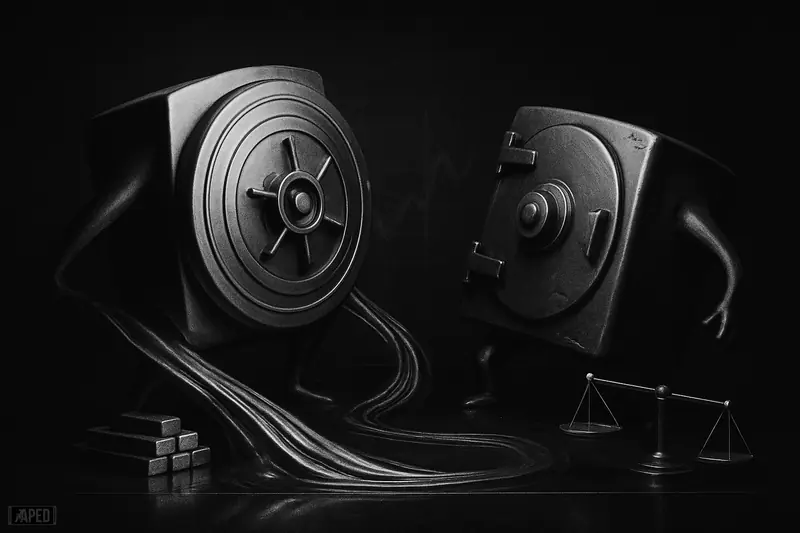 Two rival vault-like stablecoin machines face off as metallic liquidity flows toward the stronger one in a dark grayscale market scene.
