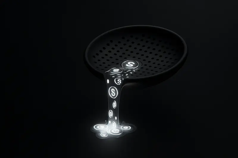 Glowing silver coin-shaped droplets flow like a river through a dark mesh filter on a black, futuristic background.