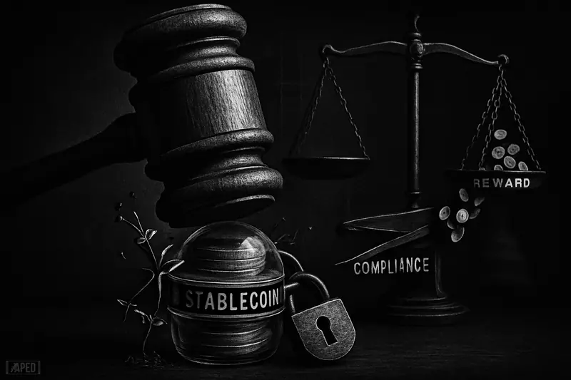 An oversized gavel crushes and locks a stack of stablecoin-like coins as clipped coin-sprouts and scales signal a rewards ban.