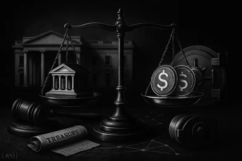 Balanced scales compare bank ledgers and stablecoin tokens before a dark government building, with gavels and vault elements in grayscale.