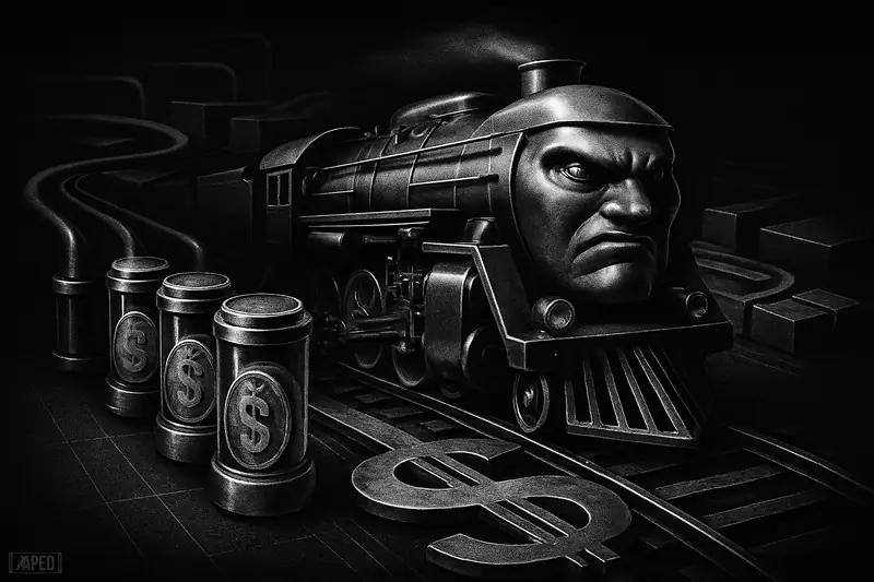 A grayscale locomotive-like payment machine charges along dark rails, carrying tokenized assets through a moody data-grid financial landscape.