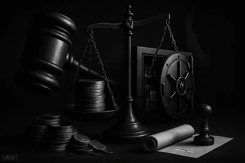 A grayscale gavel and bank scale crush uneven stablecoin stacks beside a half-open vault of reserves on a dark data-grid backdrop.