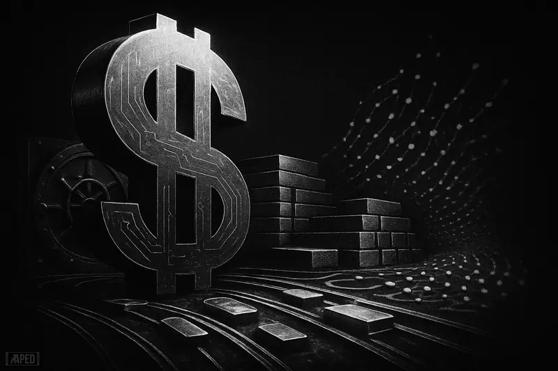 A giant digital dollar monument towers over payment rails, vaults, and token blocks in a dark monochrome financial technology scene.